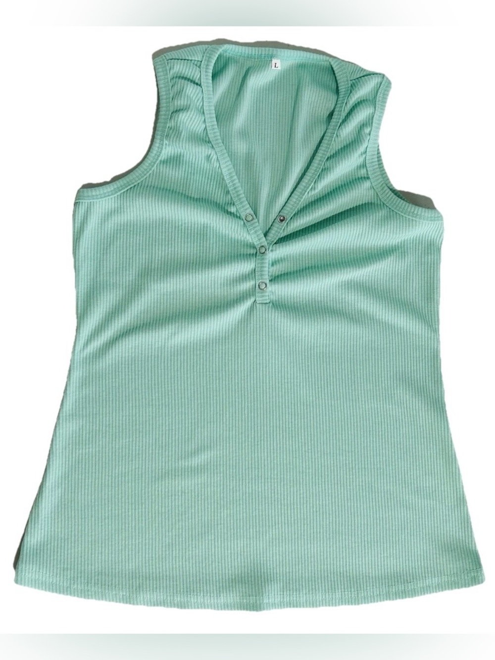 Mint Green Solid Ribbed Knit V-Neck Sleeveless Button Tank Henley Top Large